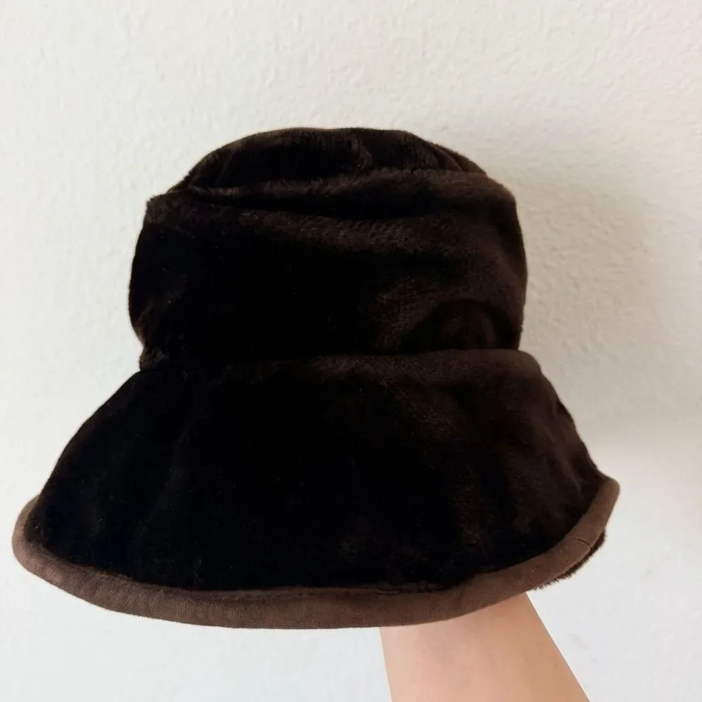 Vintage Gilly Forge London Brown Faux Fur Cloche Bucket Hat S/M Pillbox Mod Ski